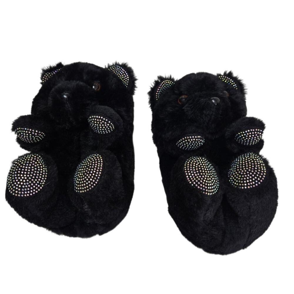 Snugimals Teddy Bear House Shoes Silver Rhinestones 8/9 Black